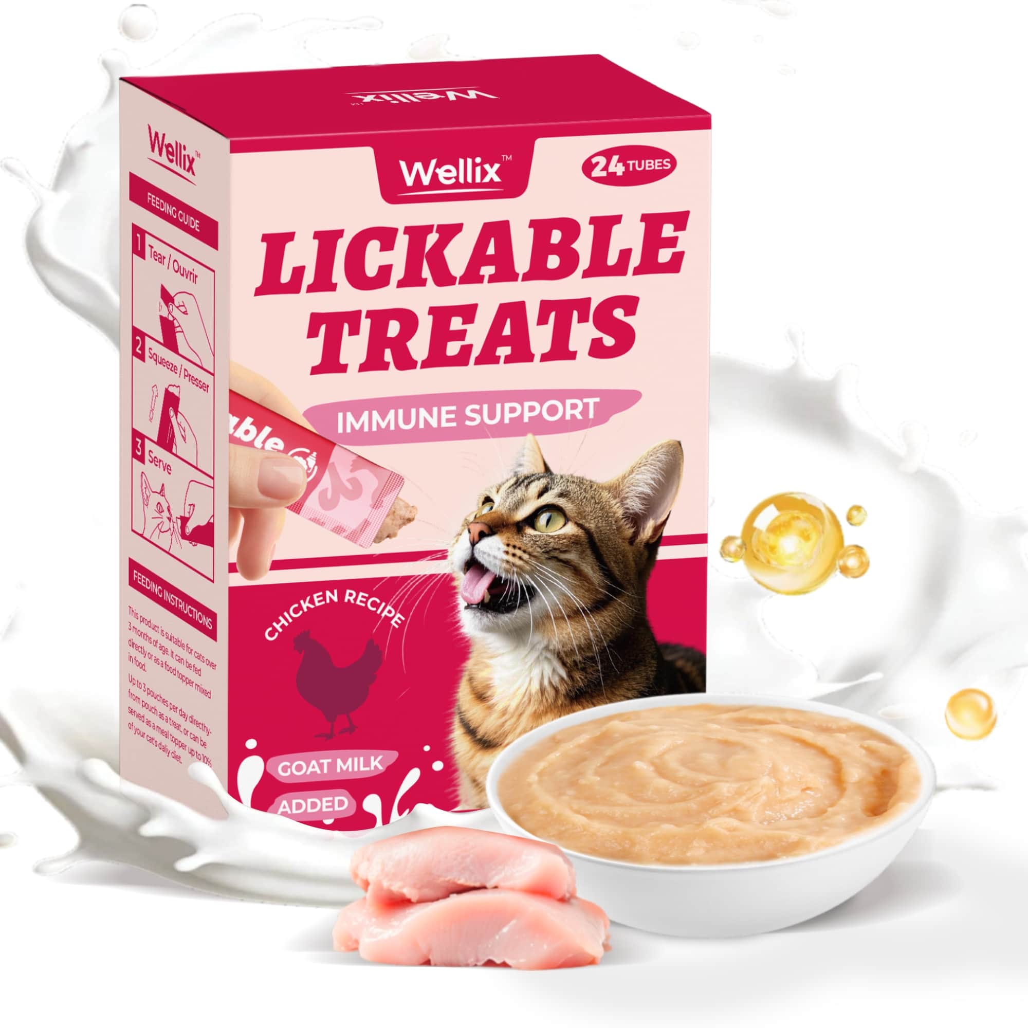 Wellix Lickable Cat Treats - Goat Milk & Chicken High-Protein Kitten Snacks - Squeezable Treats for Immunity & Digestion Support - 24 Tubes